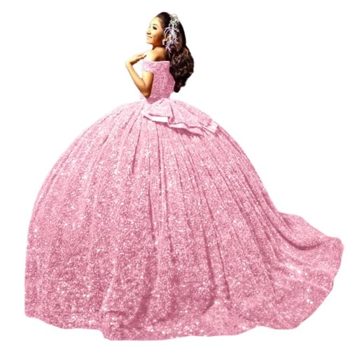 Youjiayi Sparkly Sequin Quinceanera Dresses with Train Off Shoulder Sweet 16 Dress with Bow Princess Long Ball Gown for Women - Main Image