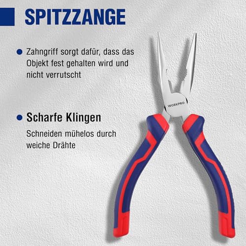 WORKPRO Zangen Set 3tlg. Zangensatz Kombizange 180mm Spitzzange 160mm Seitenschneider 160mm Profi Zangenset für Heimwerker, Profis, DIY, Reparatur