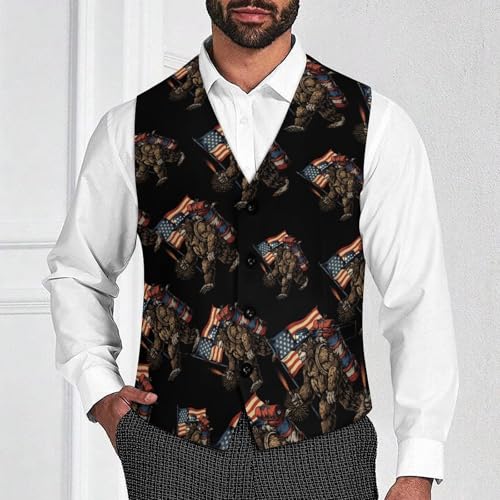 Camping Bigfoot U.S. Flag Novelty Men's Suit Vest Funny Formal Dress Vests Business Waistcoat2