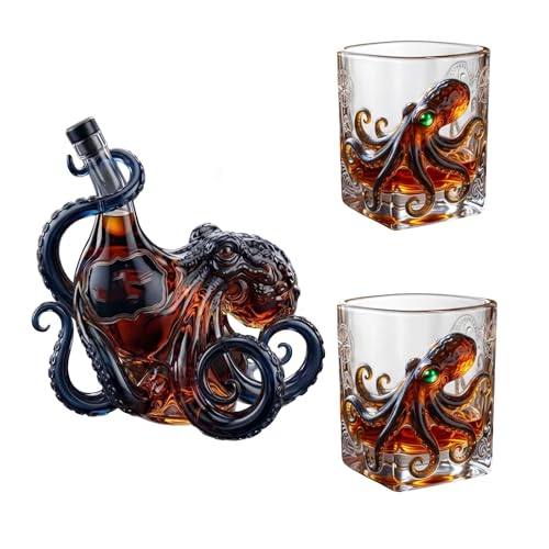 Edition 3D Oktopus Whisky-Set | Dekanter + 2 Gläser | ideal für Whisky Rum Bourbon oder Cocktails Einzigartiges Whisky Geschenke für Männer Bar & Sammler (A 350 Milliliter)