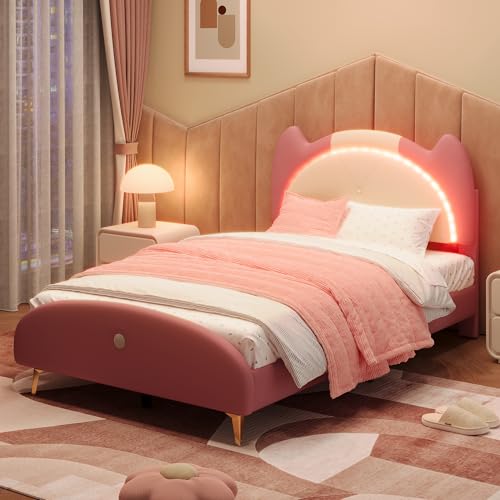 Merax Kinderbett Polsterbett 90x200, Mädchen Bett mit Holzlatten, Mit Massivholz- und Eisenrohrrahmen, LED-Streifen, weicher Schwamm + PU, Beige+Rosa, 90x200cm(ohne Matratze)