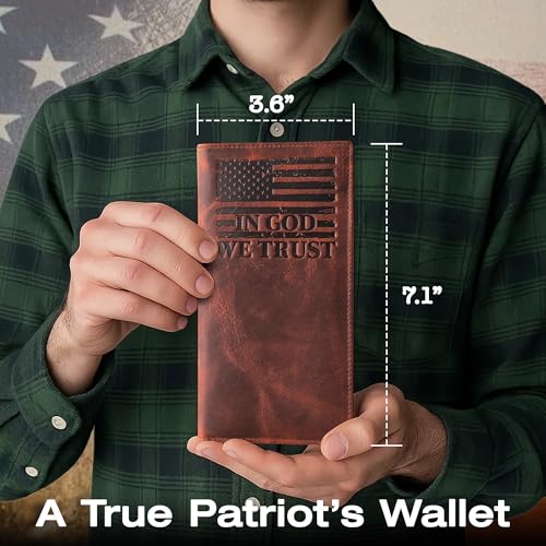 American Flag Long Wallet for Men - Western Wallet for Men with ‘IN GOD WE TRUST’ - Distressed Leather Long Bifold Checkbook Wallet with 9 Card Slots - Patriotic Gift (7 Inches)2