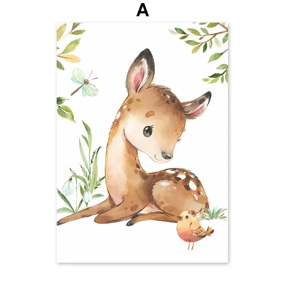 Youihom 6 Quadro Animali Bosco Quadretti Personalizzati Bimba Poster con Lettere del Nome Bambini Stampe Cameretta Neonato Volpe Orso Scoiattolo Cervo Marrone Verde Quadri Tela 21x30 senza Cornice