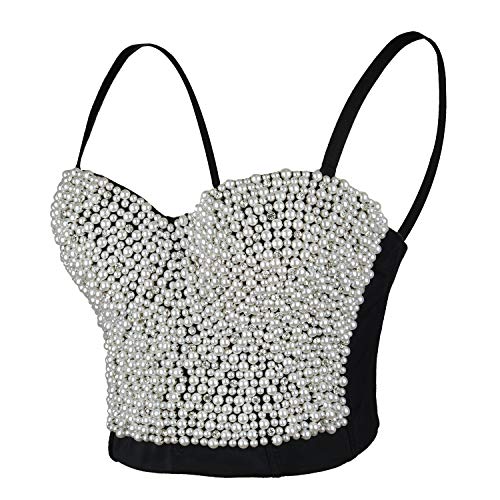 ELLACCI Sexy Pearls Beaded Rhinestone Bustier Crop Top Push up Corset Top with Detachable Straps Black Large