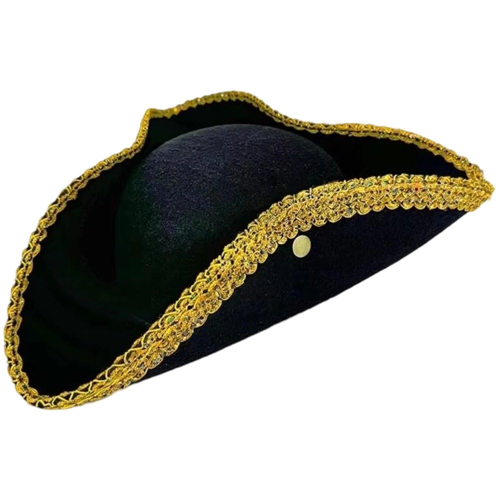 Fituenly Style3 Pirate Tricorn Hat Black Colonial -Corner Hat With Gold Trimming For Pirate Theme Party Headwear Halloween Cosplay Masquerade