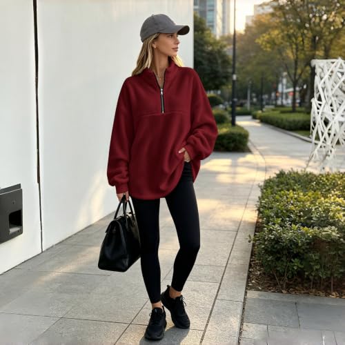 Maroon Womens Half Zip Pullover Quarter Zip Fleece Oversized Sweatshirt - image 6