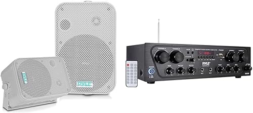 Pyle Home Sistema de altavoces para exteriores a prueba de agua dual y receptor estéreo Bluetooth inalámbrico para karaoke PTA42BT - Amplificador de