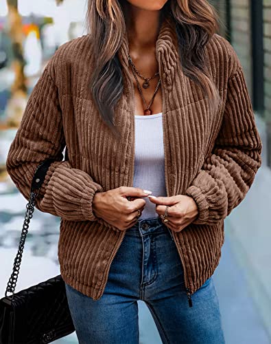 image for Angashion Women's Bomber Jacket Corduroy Ribbed Quilted Zip Up Long Sl