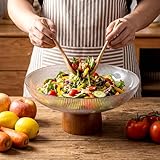 LemonRoad 10.2 Inch Extra Large Glass Salad Bowl Fruit Serving Bowl with Wooden Base for Table Centerpiece Clear Trifle Container for Kitchen Parties Christmas Decorative Pedestal Vessel