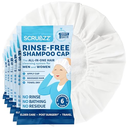 Scrubzz Shampoo Caps No Rinse for Elderly and Bedridden Patients Rinse Free Shampoo Caps for Post Surgery and Hospital Stays Waterless Hair Washing Shower Caps - 6 Pack