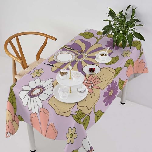 SHElifestyle Vintage 60s 70s Floral Tablecloth, Retro Boho Colorful Hippie Groovy Flower Farmhouse Country Gardern Waterproof Wipeable Table Cover for Picnic Holiday Party Kitchen Dining 60x110