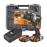 WORX NITRO 18V(20V MAX) Akku-Schlagbohrmaschine WX352.4, PowerShare, bürstenloser Motor, 60Nm, variable Drehzahlregelung, LED-Licht, 75 Stück Akkusatz, 2 Stk. 2,0Ah-Akkus im Lieferumfang