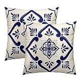 Cafl Mexican Blue and White Floral Geometric Throw Pillow Covers Scandinavian Minimalist Pillowcases Cushion Cover 18x18 Inch for Room Sofa Chair Bed Home Decor Set of 2