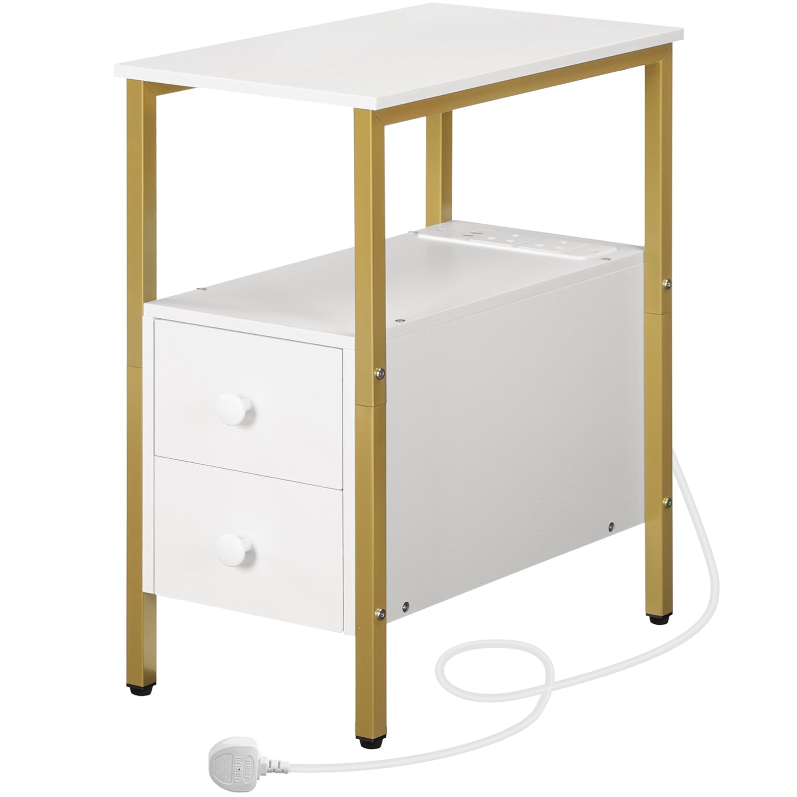 HOOBRO Side Table, Narrow Bedside Table with Charging Station, USB Ports and Power Outlets, Slim Side Table for Small Spaces, 2 Drawers, Industrial Nightstand, White and Gold EDW548KBZ01G1