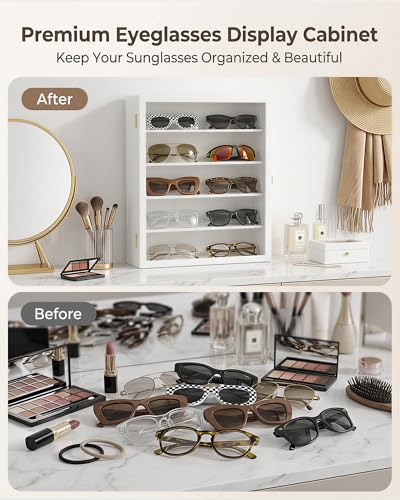 Image of TJ.MOREE 5-Tier Sunglasses Organizer Storage Wall Mounted: 13 x 15 inches Eyewear Display Case Rustic Wood Eyeglasses Holder Large Glasses Storage Box, White