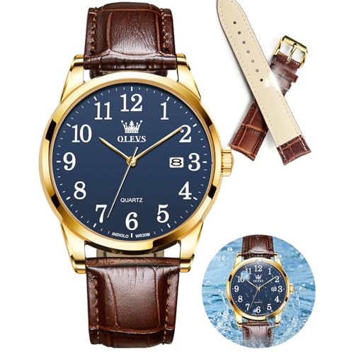 Image of OLEVS Watch Men Mens Watches Watches for Men Leather Band Classic Brown Leather Watch Men, Analog Watch Men, Black Mens Leather Watch, Dress Waterproof Large Face Mens Watch,Relojes para Hombres Watch