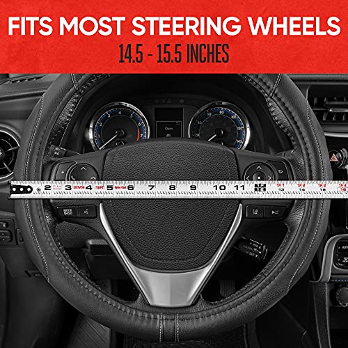 Image of Motor Trend GripDrive Faux Black Leather Steering Wheel Cover for Car Truck Van SUV, Standard 15 inch Size, Gray Accent Stitched Car Steering Wheel Cover Vehicle & Auto Accessories