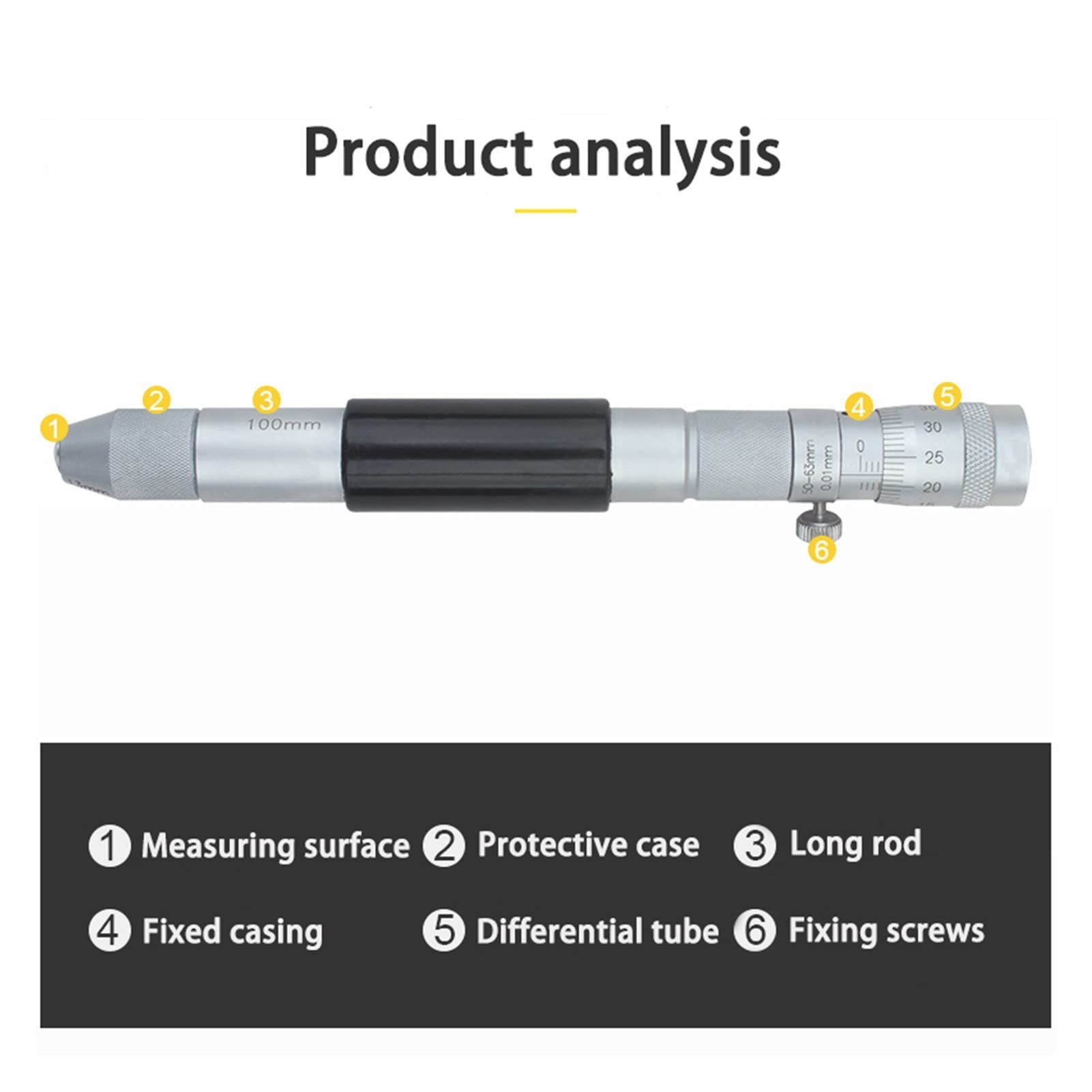 Micromètre extérieur 50-100 50-300 50-600 mm 0,01mm de haute précision de haute précision à l'intérieur Micromètres Type de tige Type Type Mesure Tool Diamètre intérieur Micromètre à mesurer, Outil a