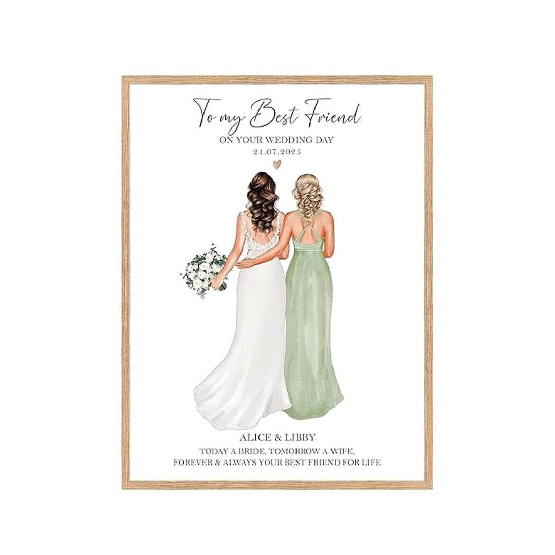 To My Best Friend on your Wedding Day, Personalised Print, From Bridesmaid, Maid of Honour, Bridal Party Gifts, Custom Illustration Wedding Art