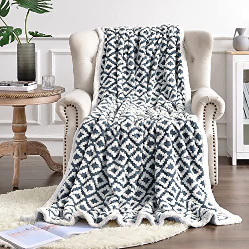 Fy Fiber House Sherpa Fleece Plush Throw Blanket Super Warm Soft Cozy Fuzzy Microfiber For Couch Bed With Diamond Jacquard Print, 60"X80", Greyish Blue #TOP19