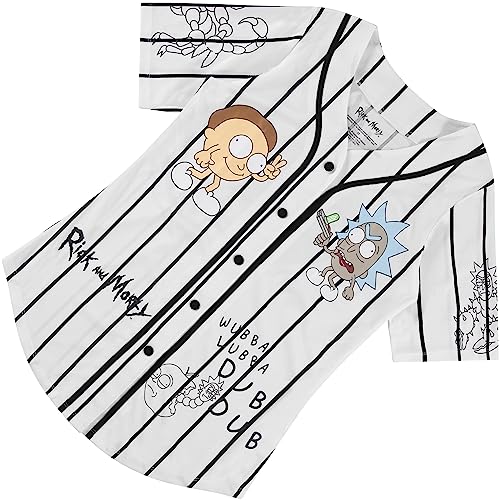 RICK AND MORTY Camisa feminina de beisebol feminina - Rick & Morty Mesh Button Down Jersey, Branco,