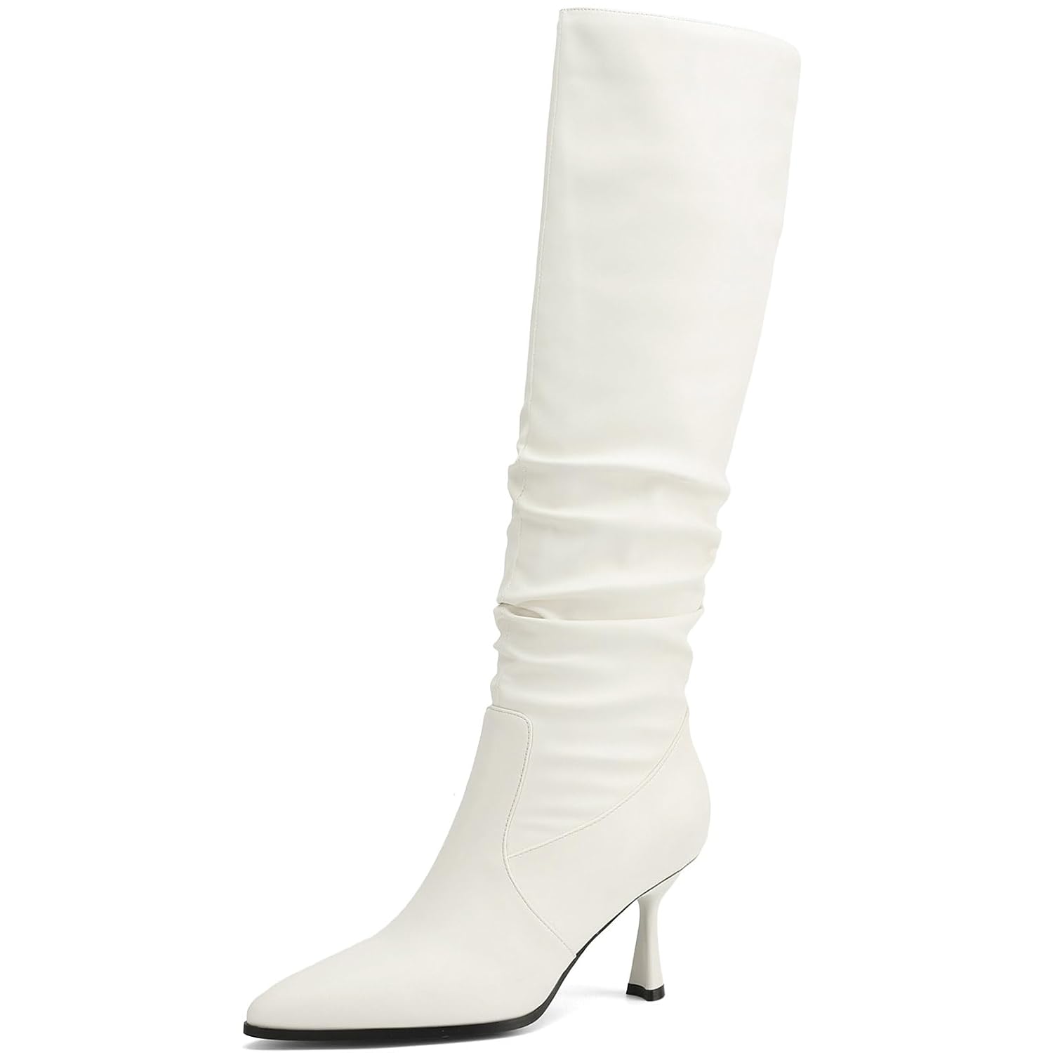 Knee High Boots Women Kitten High Heel Faux Leather Pointed Toe Slouchy Long Boots Fashion Dress Pull on