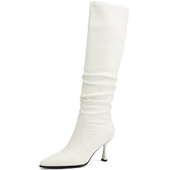 Knee High Boots Women Kitten High Heel Faux Leather Pointed Toe Slouchy Long Boots Fashion Dress Pull on