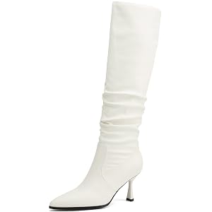 Knee High Boots Women Kitten High Heel Faux Leather Pointed Toe Slouchy Long Boots Fashion Dress Pull on