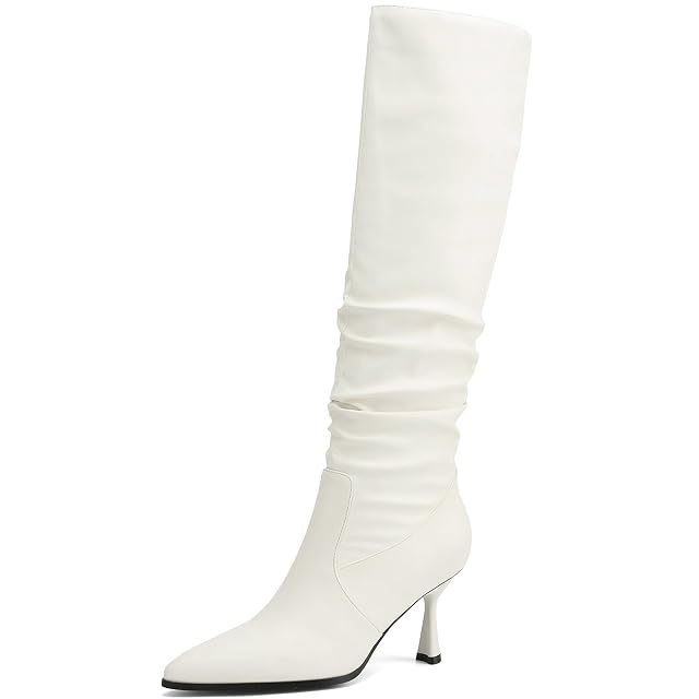 Knee High Boots Women Kitten High Heel Faux Leather Pointed Toe Slouchy Long Boots Fashion Dress Pull on