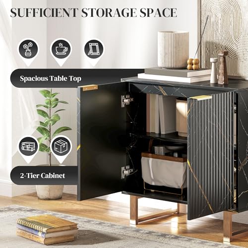 HOMCOM Sideboard Storage Cabinet, Marble Effect Buffet Cabinet with 2 Fluted Doors and Adjustable Shelves, Coffee Bar Cabinet with Metal Legs for Living Room, Black - Image 4