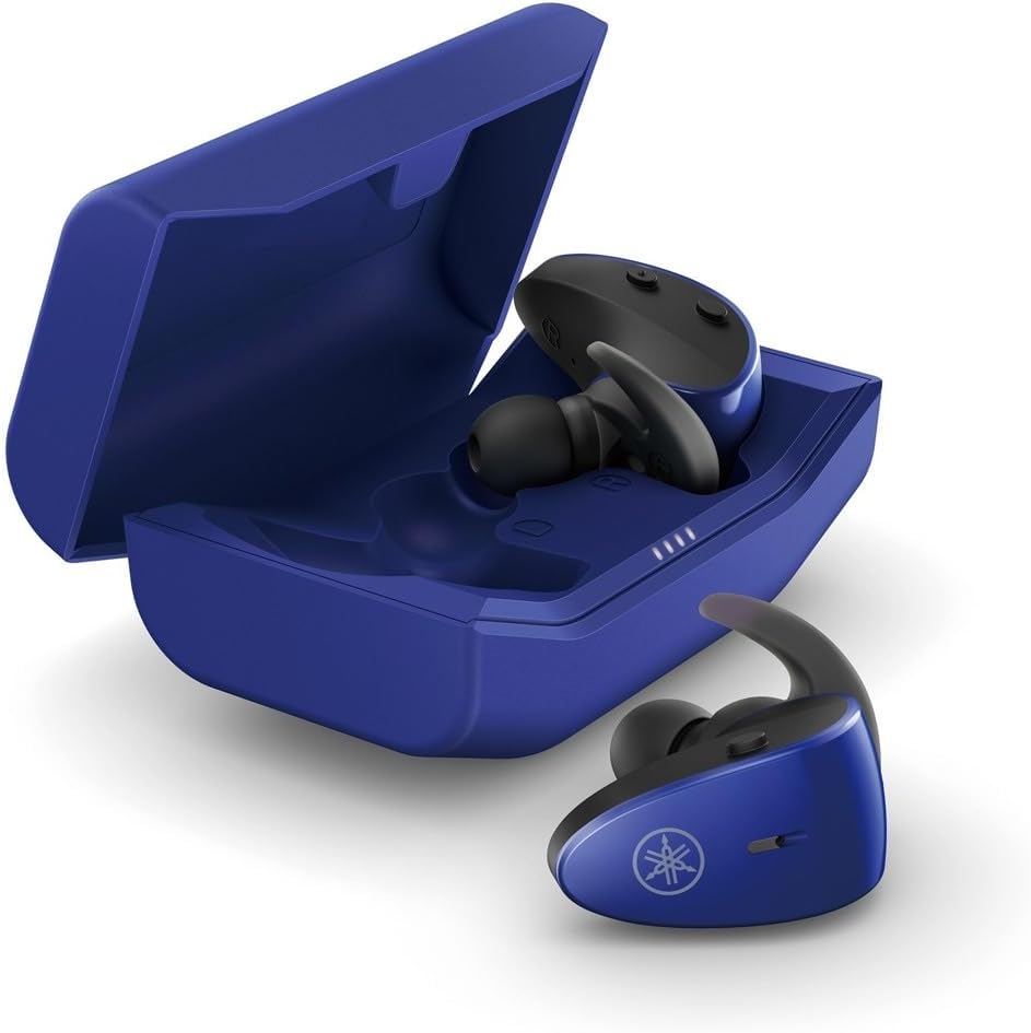 Yamaha TW-ES5A True Wireless Sport Earbuds in their blue charging case.