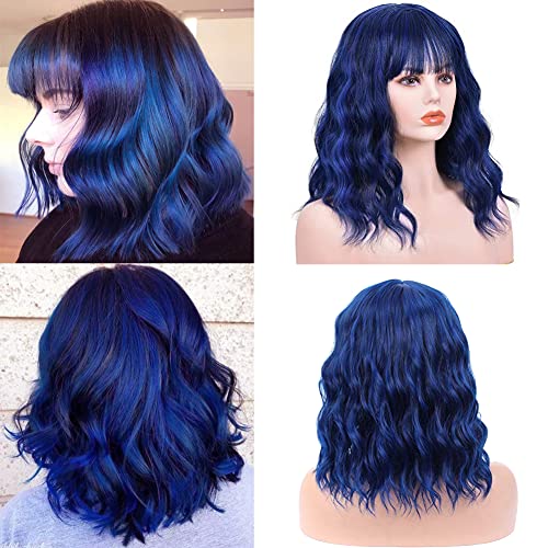 JUVEN BELLA Navy Blue Curly Bob Wigs with Bangs for Women, Wavy Short Wig with Bangs for Girl Natural Looking Wavy Wigs For Daily Party Cosplay Black Mixed Blue