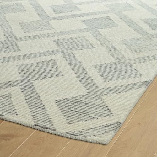 Image of Modern Pattern Wool Carpet with Loop Texture Yarn Carpet Size 10x13 Feet C1 Ivory & Grey Color