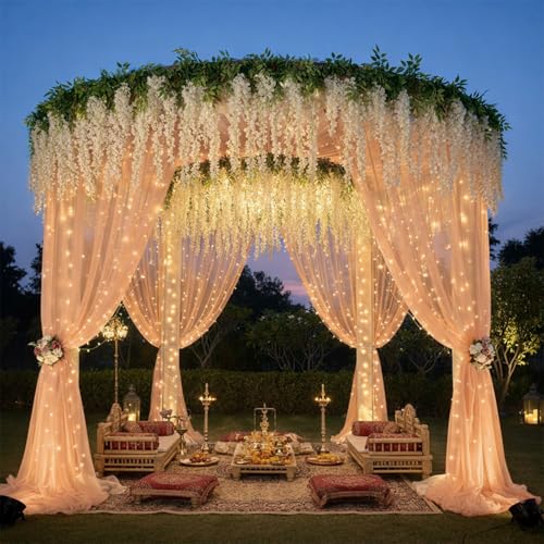 Image of Party Propz Peach Net Curtain for Decoration Backdrop with Artificial Ivory Wisteria Flower and Light - 9 Pcs Backdrop Decoration for Wedding, Birthday Backdrops, Background Decorations Items