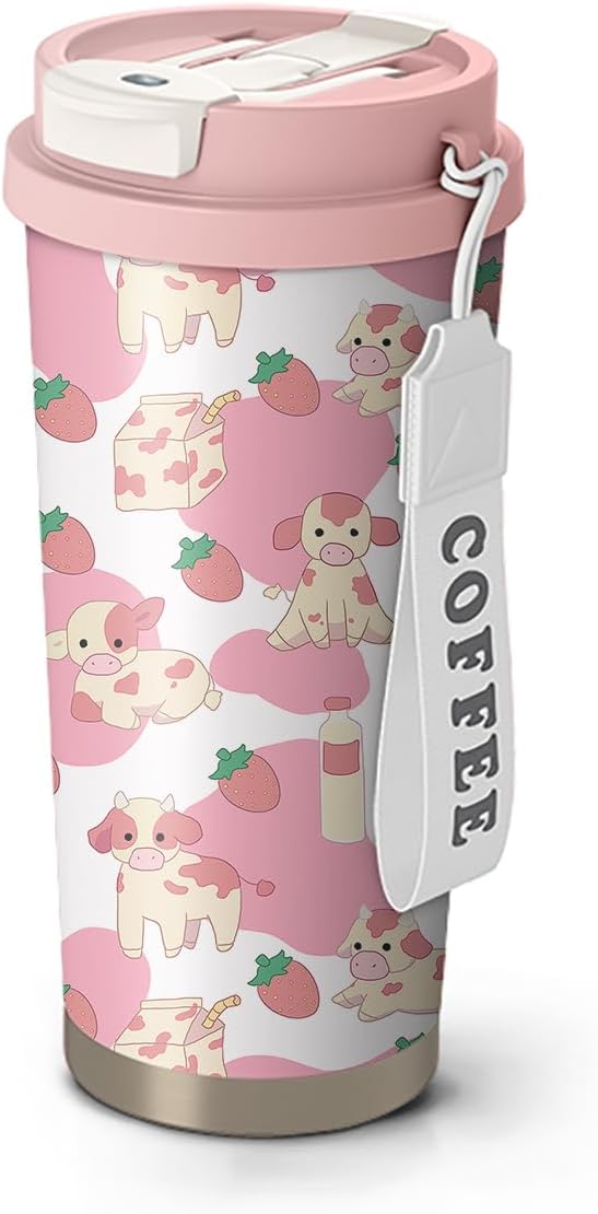 18oz Cute Cow Coffee Mug Travel Cups with Lid and Flip Straw, Pink Stainless Steel Insulated Tumbler Water Bottle with Strap, Gifts for Women Animal Lovers