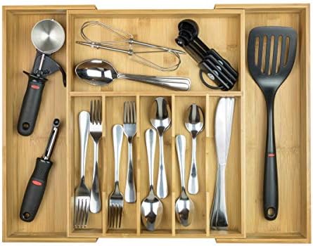 KitchenEdge Premium Kitchen Drawer Organizer for Silverware, Flatware and Utensils, Holds 16 Placesettings, 100% Bamboo
