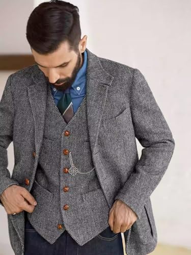 2 Pcs Men's Tweed Suit Herringbone Sports Jacket Vest Set Slim Wool Blend Vintage Groom Wedding Tuxedo Set Outfits4