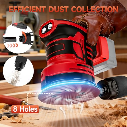 5-Inch Random Orbital Sander, Cordless Sanding Machine Compatible with Milwaukee 20V Battery(NO Battery), Brushless Electric Sander with Dust Collector (Dark Red) - Image 5