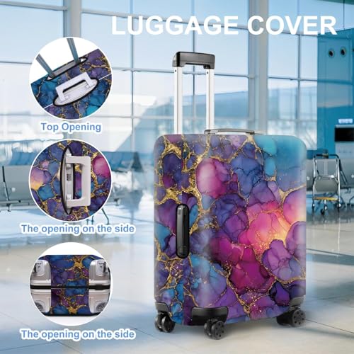 Image of Elegant Marble Pattern Luggage Cover - Abstract Purple Blue Pink Design with Gold Veins - Stretch Suitcase Protector Fits 22 inch-25 inch Luggage,M