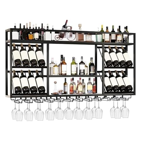 RAJYQODIS Wall Mounted Wine Racks with Glass Holder, 3 Tier Wine Storage Display Rack, Floating Rustic Metal Bar Liquor Shelves, for Home Bar, Wine Kitchen Storage (Black, 47.24x27.55x9.8in) Cover