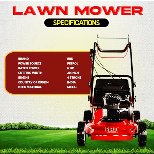Image of RBD Petrol Power Lawn Mower with Rear Roller - 6HP 4-Stroke Heavy Duty Grass Cutting Machine with Rotary Grass Cutter Blade for Lawn, Garden & Farm Use, Smooth & Efficient Trimming, (20-Inches)