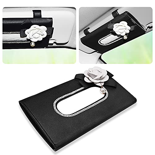 DEMAI Car Tissue Holder, Car Sun Visor Tissue Mask Dispenser Hanging Car Tissues Holder for Car, Sun Visor Napkin Holder PU Leather Backseat Car Tissue Box with 1 Paper Towel Refill (Camellia White)
