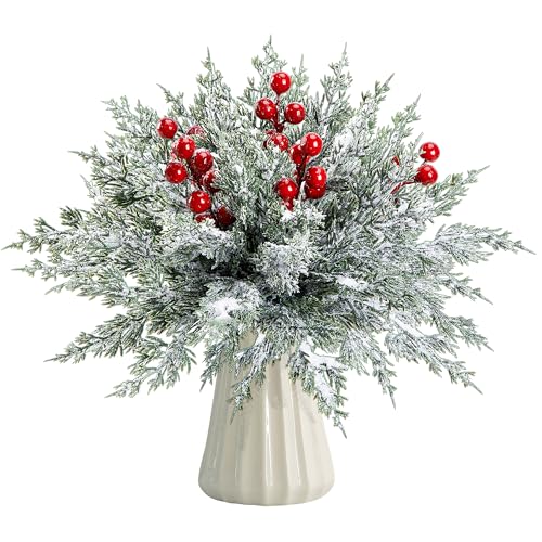 45 Pcs Artificial Christmas Snow Pine Branches with Red Berry Stems Snowy Faux Greenery Norfolk Pine Cypress Leaves Stems Berries White Frosted Fake Foliage Pines Needle Picks for Garland Home Decor