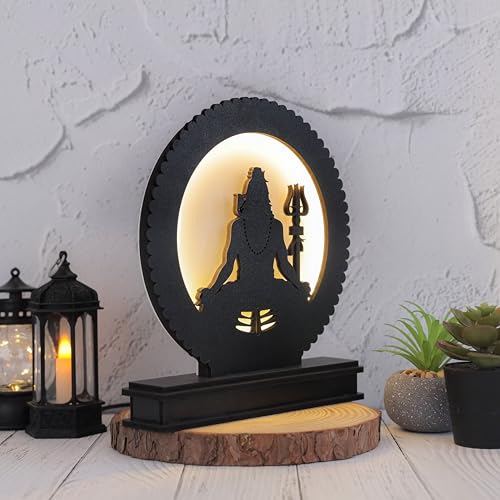 Image of Lord Shiva LED Backlit Table Lamp, Spiritual Shiva Silhouette for Meditation, Touch-Activated Ambient LED Backlight, MDF Wood & Acrylic, Natural, 8.25 inch H x 7.75 inch W