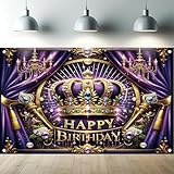 Starlit Patio Royal Birthday Backdrop 71 x 43 Inch Purple and Gold Crown Party Banner Luxury Happy Birthday Decorations Elegant King Queen Theme Photo Booth Background for Adults Kids Celebration