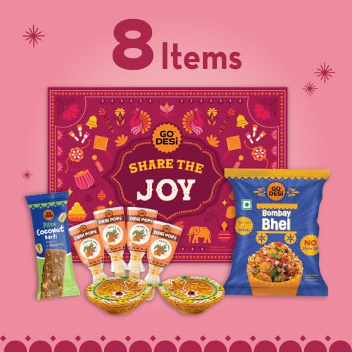 Image of GO DESi Diwali Gift Box - Share the Joy Gift Box | Mud Diya | DESi Popz | Coconut Burfi | Bombay Bhel | Diwali Gifts for Family and Friends