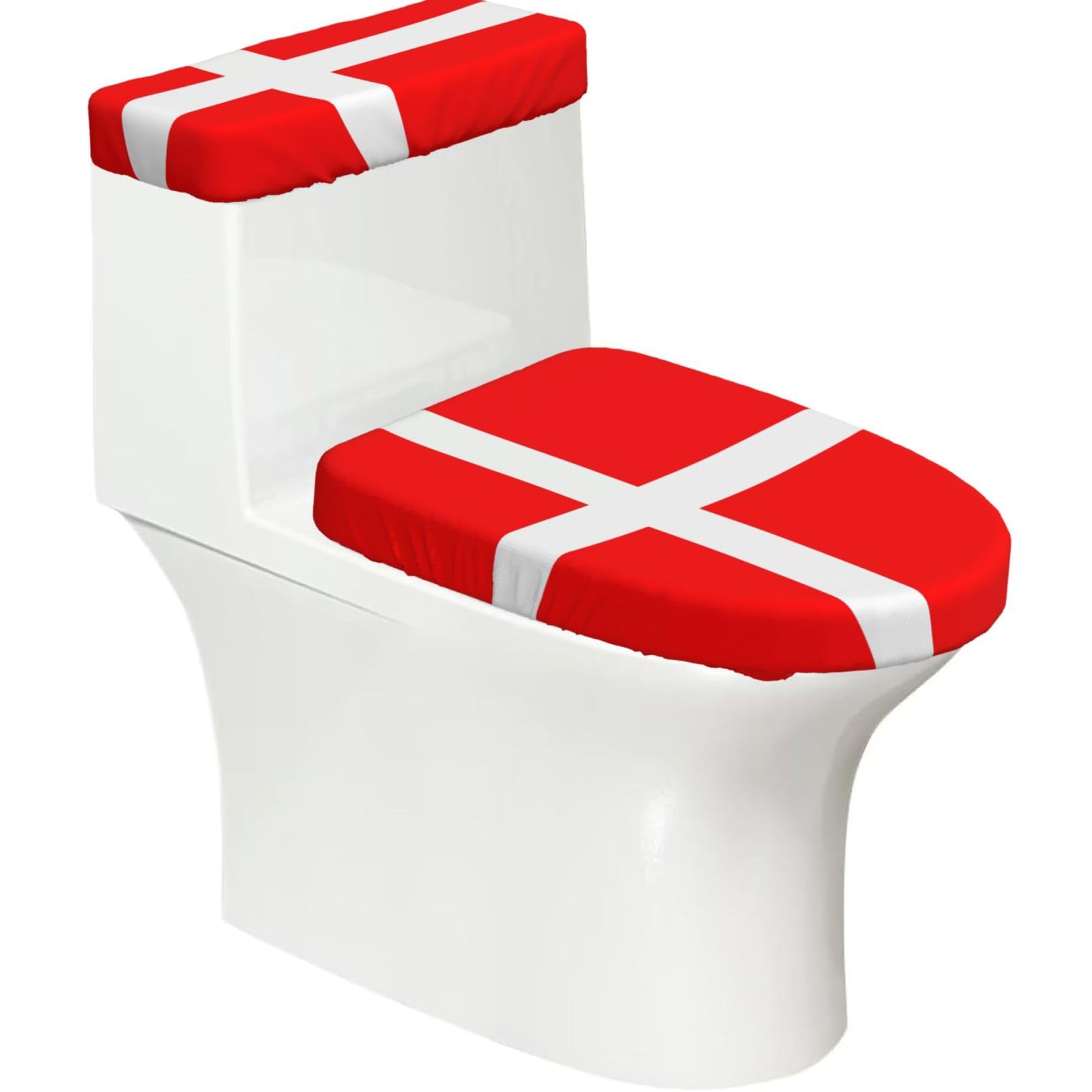 Denmark Danish Flag 2-Piece Toilet Seat Cover Set with Tank Lid - Elastic for U-Shape & Elongated - Bathroom Decor