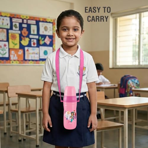 Image of MILTON Disney Kool Cheer 600 Plastic Insulated Thermo Water Bottle with Straw for School Kids I Food Grade, Leak Proof Lid with Hands Free Sipper, Easy to Carry Loop, Picnic, BPA Free, 520 ml, Pink