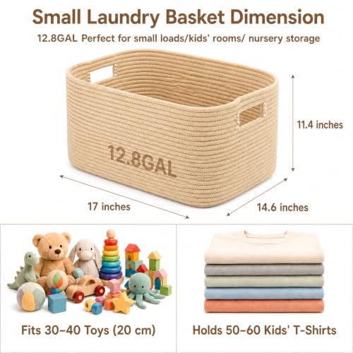 Image of 12.8GAL Small Cute laundry basket for nursery, Boho Square storage basket for Living Room Decor, Kids Girls Boys Toys Stuffed Animal Decorative Short Hamper for Dirty Clothes, Bath Towel,Shoes Oatmeal