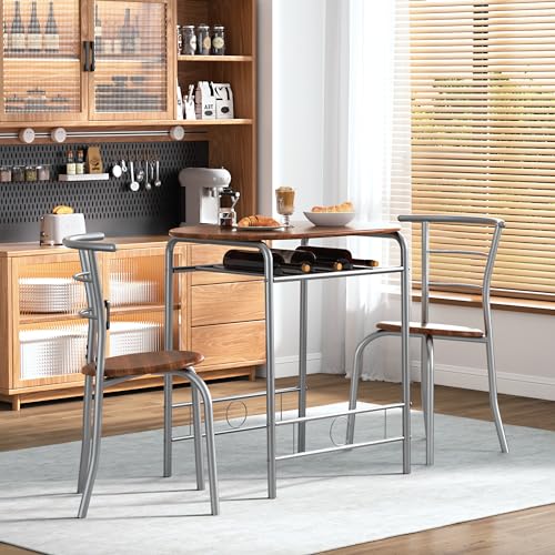 Image of VECELO 3 Piece Small Round Dining Table Set for Kitchen Breakfast Nook, Wood Grain Tabletop with Wine Storage Rack, Save Space, Brown & Silver